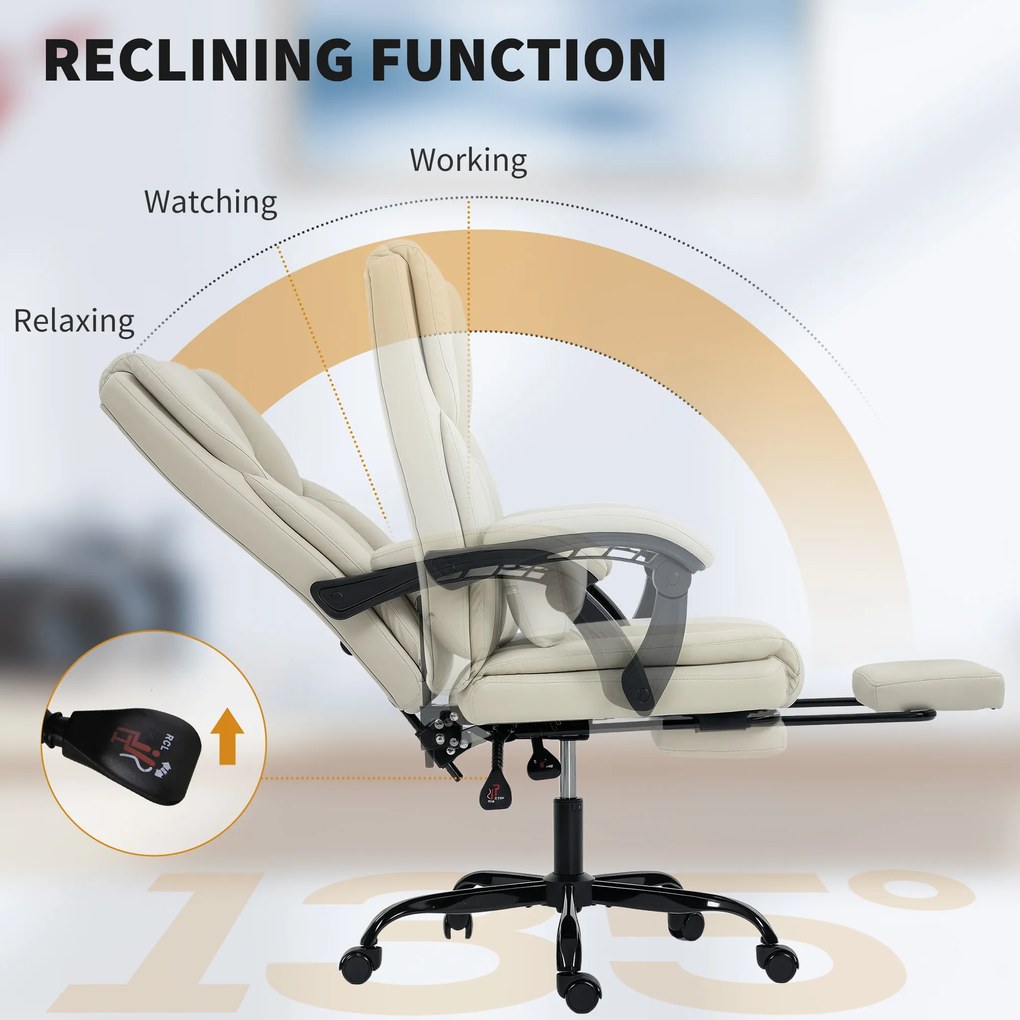 HOMCOM Fotel biurowy z ekoskórą przyjazną zwierzętom, podnóżek, regulacja wysokości, na kółkach, Beżowy