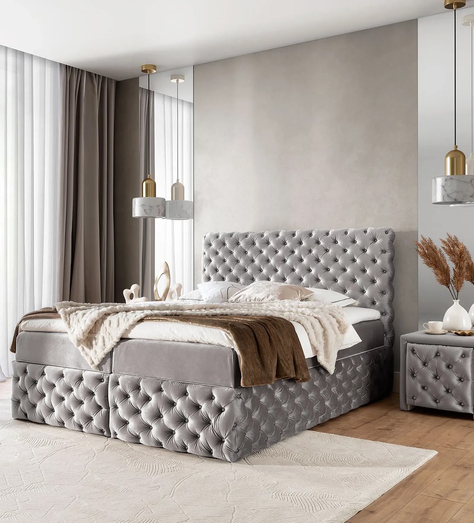 Jasnoszare łóżko pikowane z pojemnikiem 5 rozmiarów S1-C39