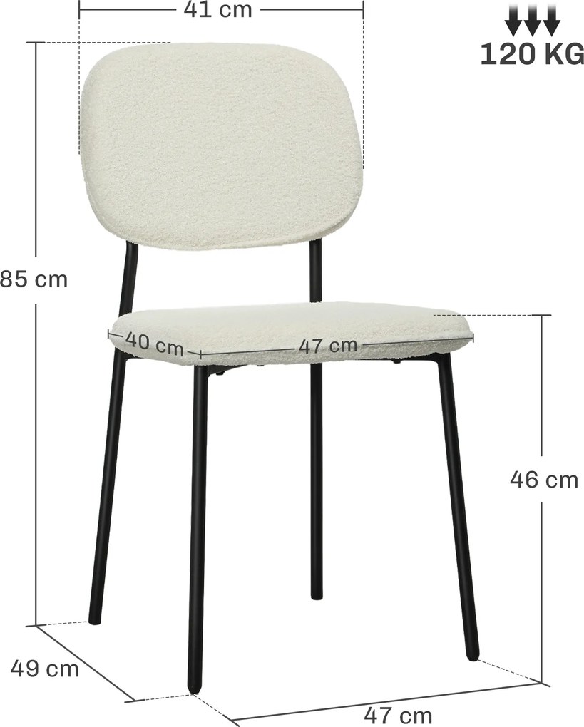 HOMCOM Zestaw 4 Krzeseł do Jadalni, Miękka Tapicerka, Stalowe Nogi, Design Bezramienny, Biały