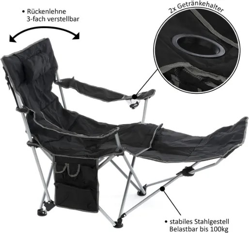 Krzesło kempingowe ze zdejmowanym podnóżkiem, czarne