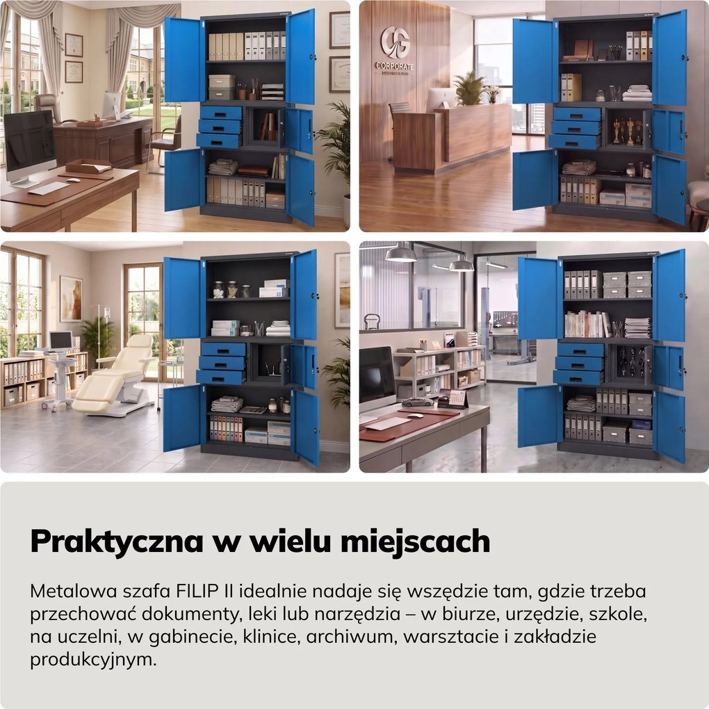 Szafa biurowa metalowa z sejfem antracytowo-niebieska, 900x1850x400 mm: FILIP II