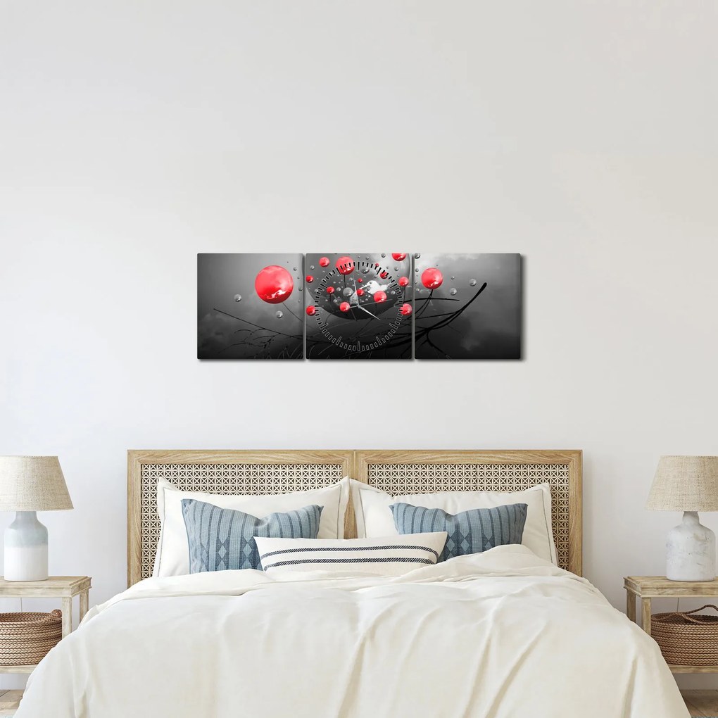Obraz czerwonych abstrakcyjnych kul (z zegarem) (90x30 cm)