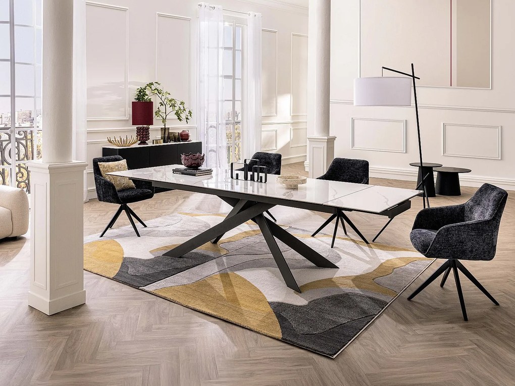 Stół do jadalni rozkładany dla 8 do 12 osób z ceramiki, szkła hartowanego i metalu - Efekt białego marmuru i antracytowy - COREMA marki Maison Céphy