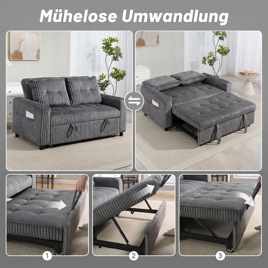 HOMCOM Sofa-łóżko 2-osobowa, pokrycie ze sztruksu, przekształcalna w sofę rozkładaną, 2 poduszki, kieszenie boczne, 157 x 190 cm, ciemnoszara | Aosom PL