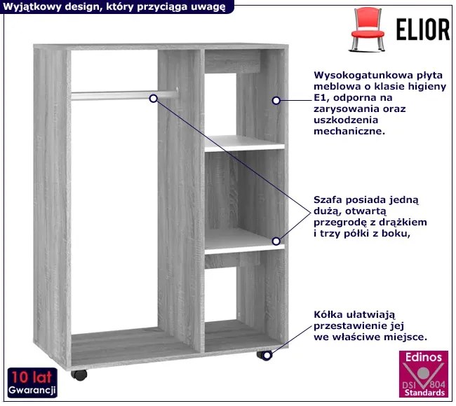Szara komoda na kółkach z drążkiem i półkami C2-H97