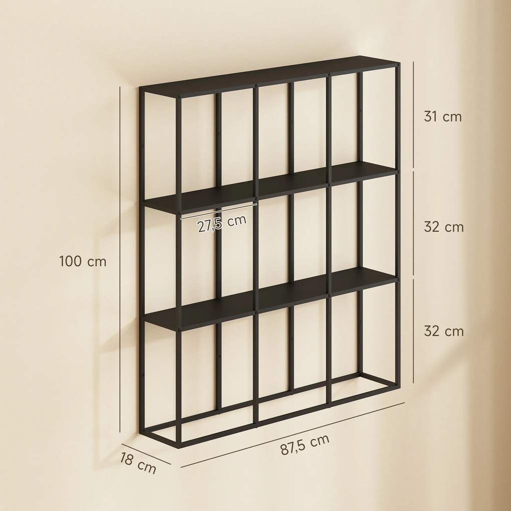 HOMCOM Industrialny Wiszący Regał z 9 Przegrodami, Metalowy Regał na Kolekcje, Idealny do Dekoracji Wnętrz, Czarny | Aosom PL