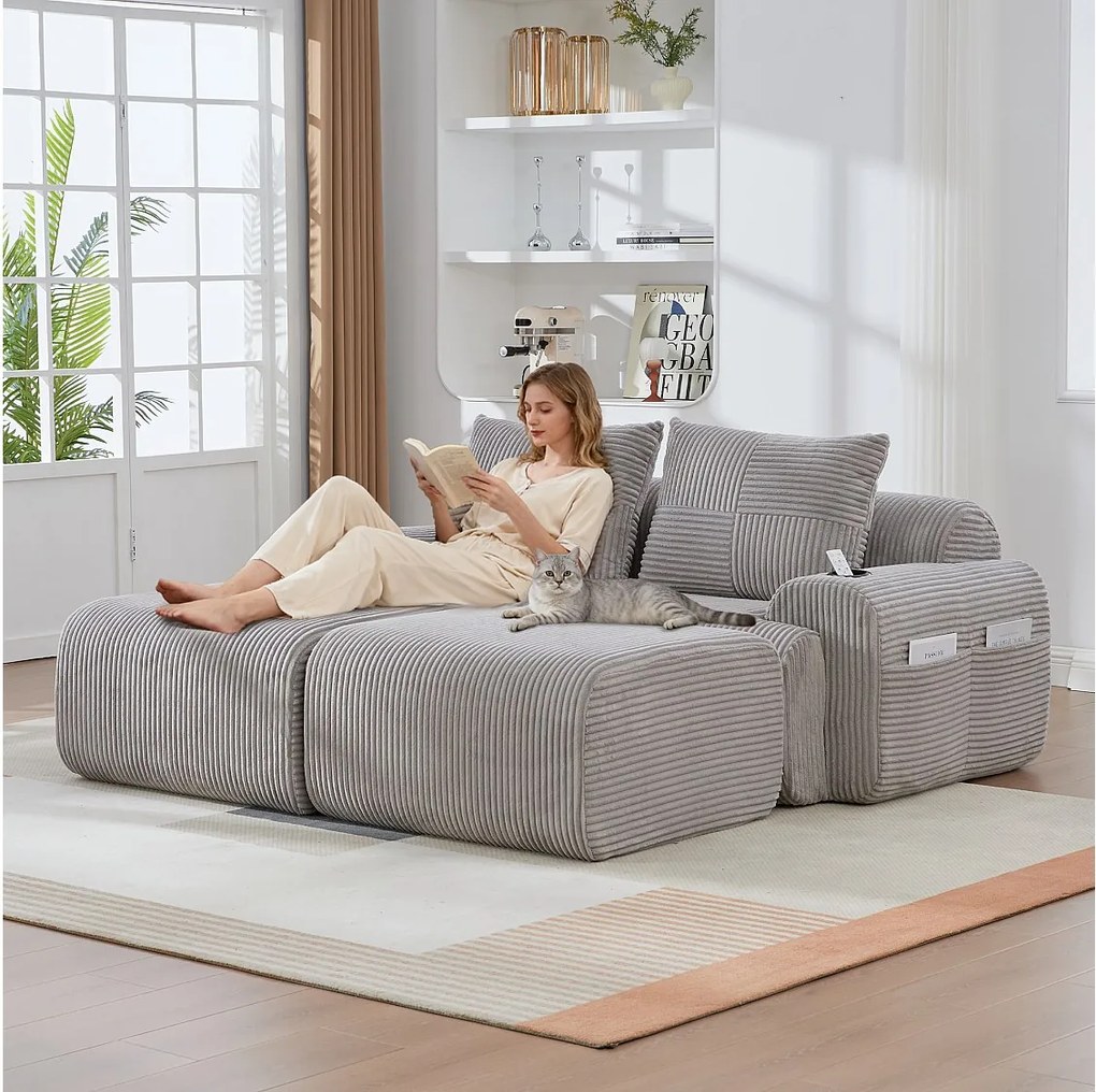Modułowa sofa 2-osobowa - 200 x 174 x 80 cm - z 2 pufami + uchwytami na kubki + kieszenią do przechowywania - aksamit - jasnoszary