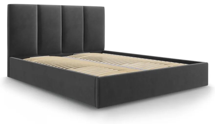 Ciemnoszare tapicerowane łóżko dwuosobowe ze schowkiem ze stelażem 140x200 cm Juniper – Mazzini Beds