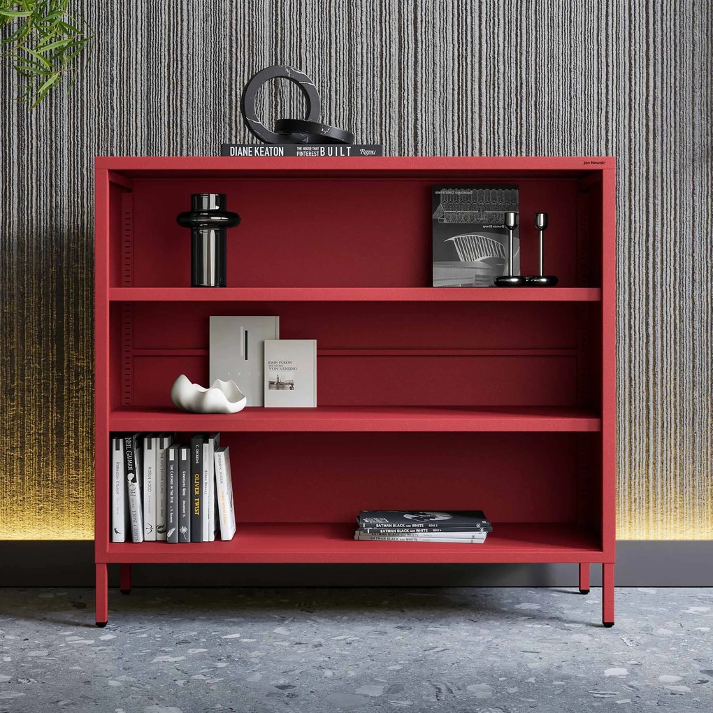 Niski regał metalowy czerwony Modern LUCA, 1000 x 900 x 350 mm