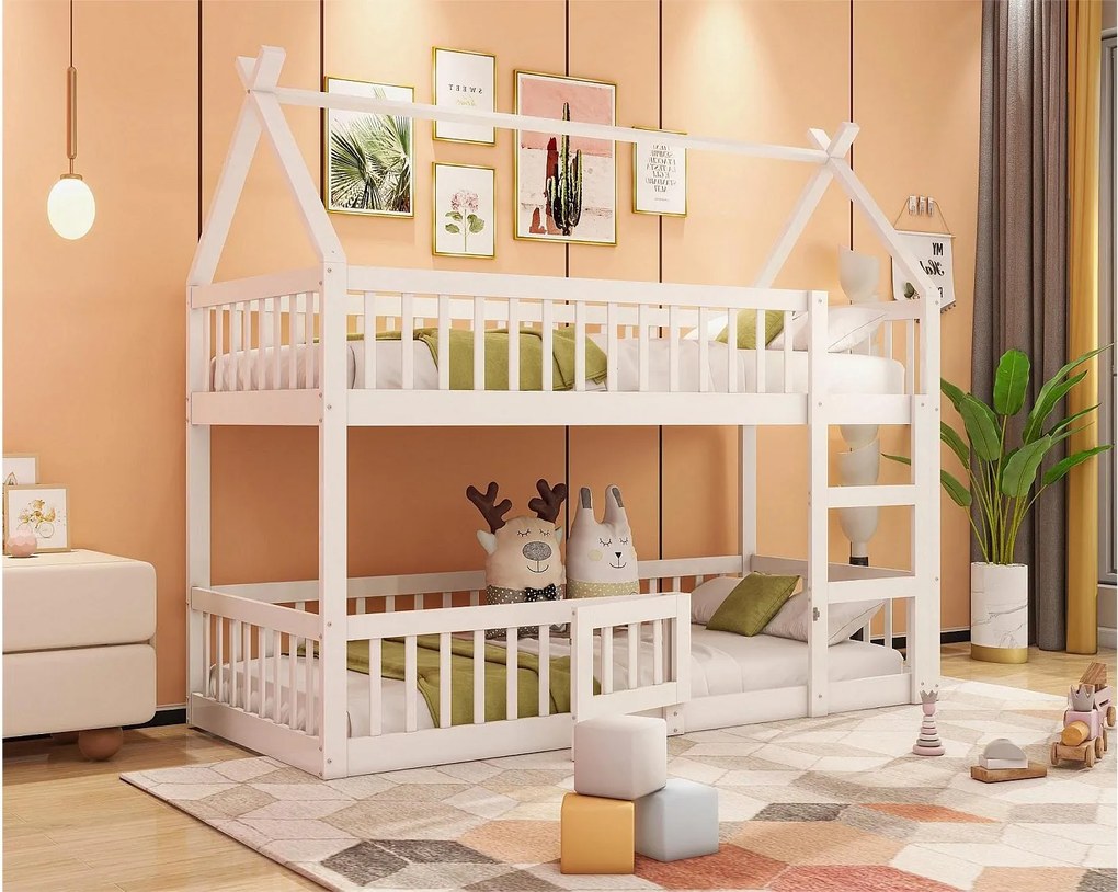 Łóżka piętrowe 2 x 90 x 200 cm z drzwiami i barierkami - drewno MDF - stelaż listwowy - biały