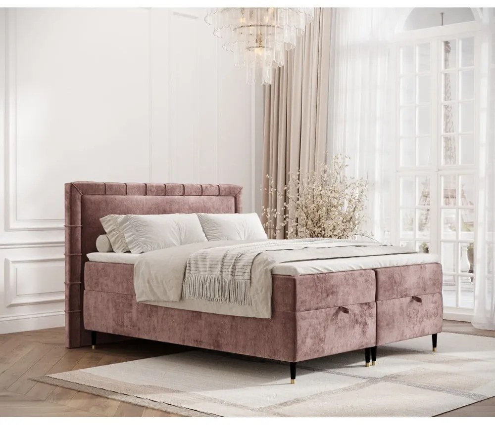 Różowe łóżko boxspring ze schowkiem 160x200 cm Voyage – Maison de Rêve