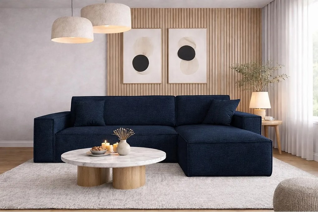 Narożnik BEST L z funkcją spania i pojemnikiem, tkanina Neve, Ciemnoniebieski, Prawy