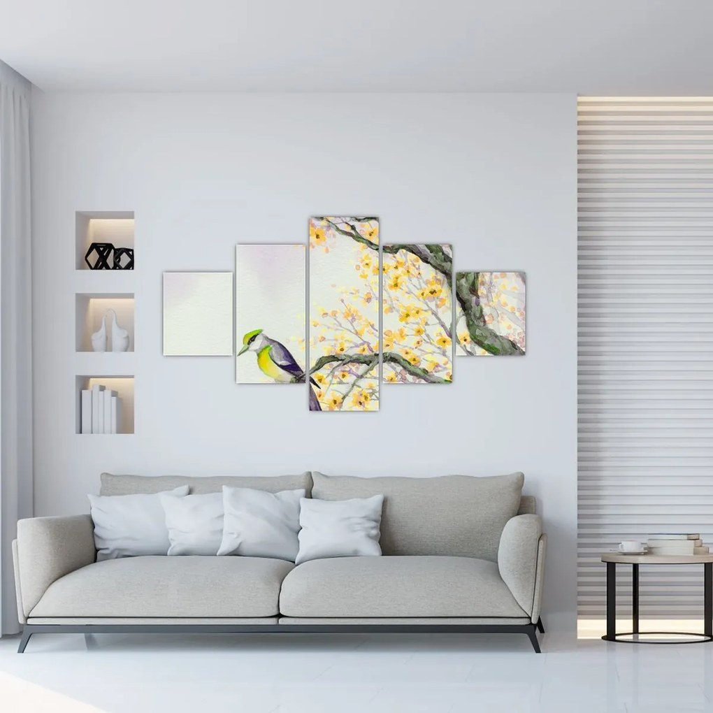 Obraz - Akwarelowy ptaszek na drzewie (125x70 cm)