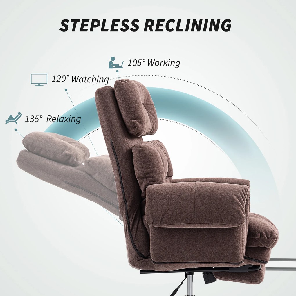 HOMCOM Fotel biurowy z regulowanym oparciem, obrotowy fotel tapicerowany, fotel wyściełany, regulowana wysokość, stal, brązowy