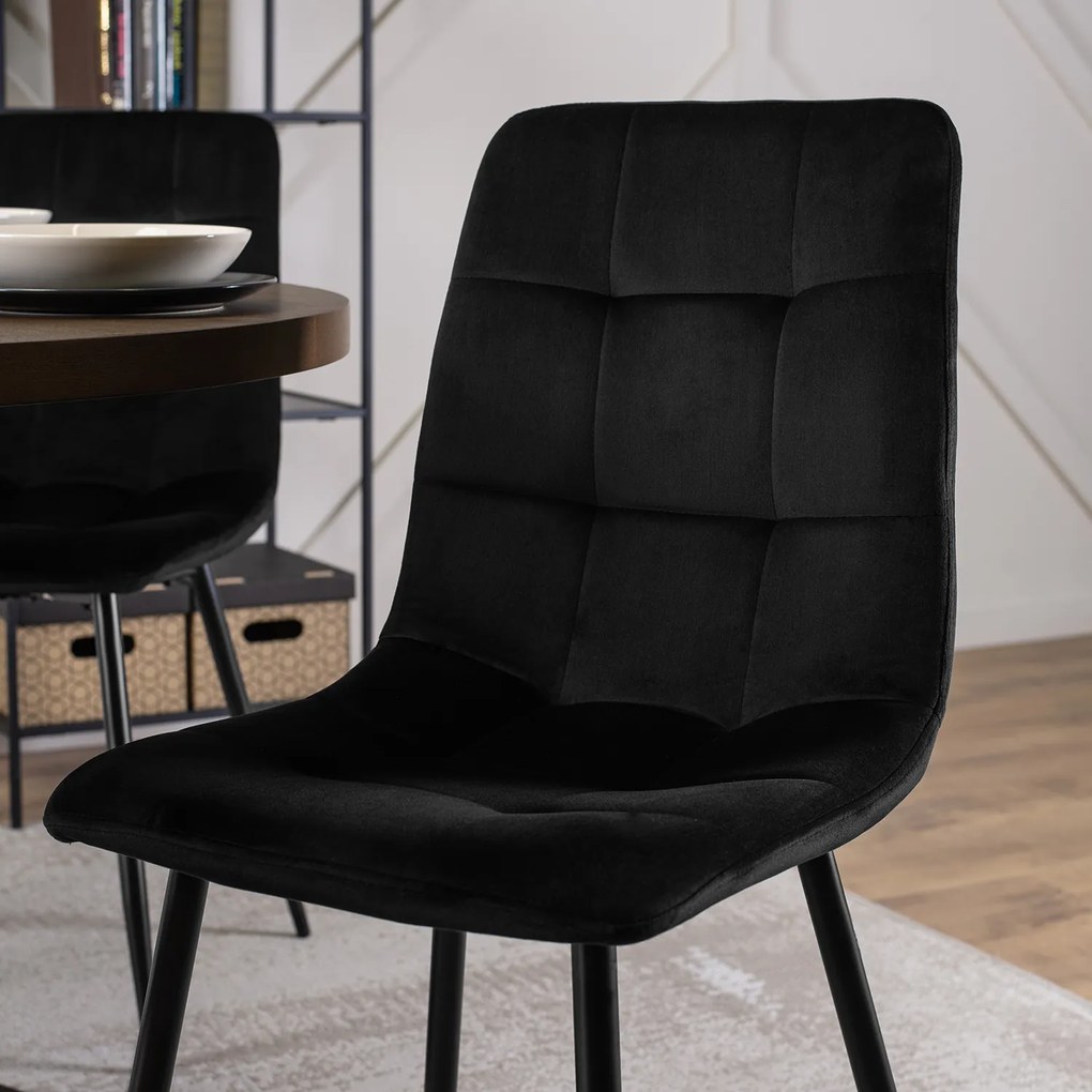 Zestaw Stół Okrągły LINO 100 cm Orzech/Czarny i 4 Krzesła Tapicerowane do Salonu PERU Czarne Welurowe Nowoczesne Loft