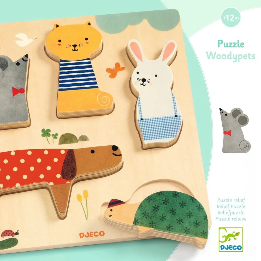 Drewniane puzzle wkładane dla dzieci z motywem zwierząt domowych Djeco
