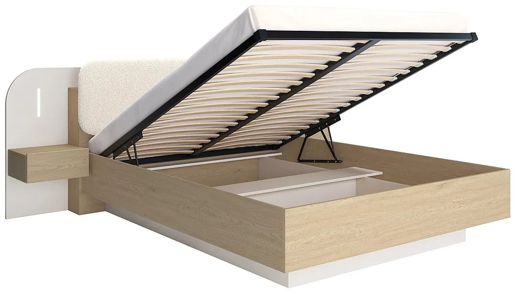 Łóżko ze skrzynią z szafkami nocnymi 160 x 200 cm - Z oświetleniem LED - Kolor: Beżowy i naturalny + Materac - LYORIMA