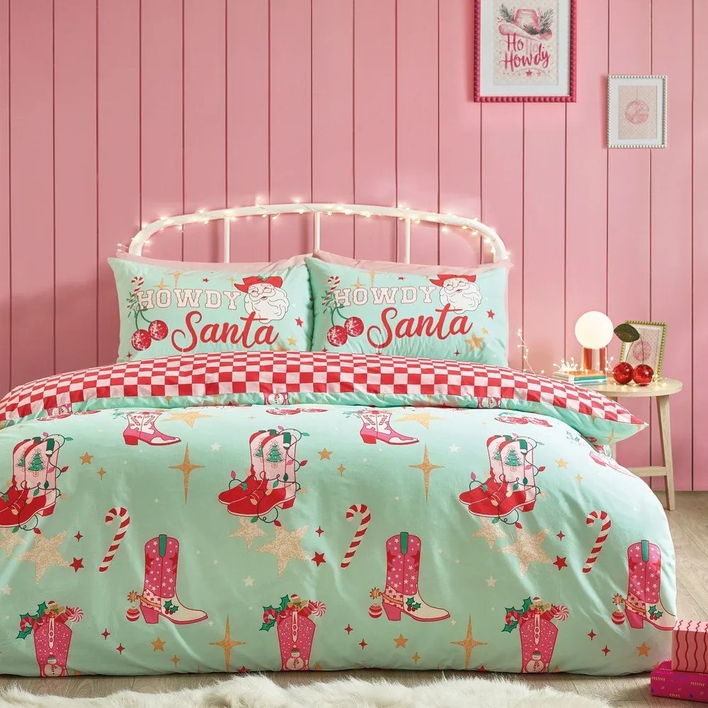 Zielono-różowa pościel dwuosobowa 230x220 cm Santa's Howdy Christmas – Catherine Lansfield