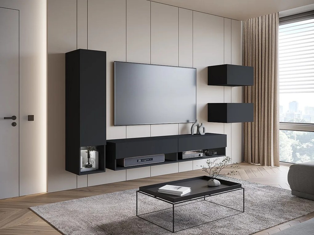 Nowoczesna meblościanka 4-elem. z LED – wiszący zestaw RTV 180 cm, ze słupkiem i szafkami, czarny mat