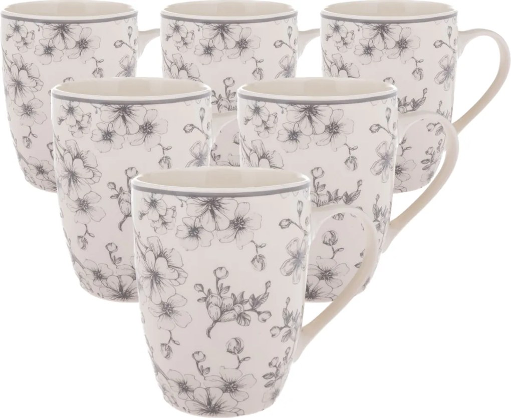 Zestaw 6 kubków ceramicznych Delikatne kwiaty 300 ml, szary