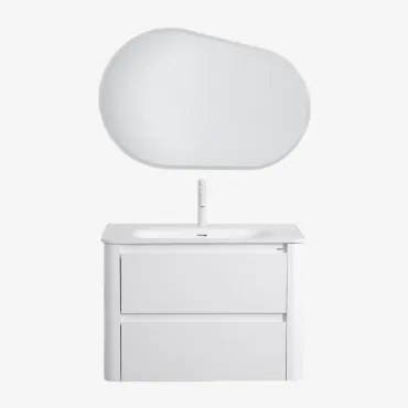 Zestaw Mebli Łazienkowych Z Drewna Z Wbudowaną Umywalką Egerton Biała & Owalna Lampa Led I Przeciwmgielna 100x65 - Sklum