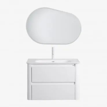 Zestaw Wiszących Mebli Łazienkowych 80x50 Cm Z Drewna Zintegrowany Z Umywalką Egerton Biała & Owalna Lampa Led I - Sklum
