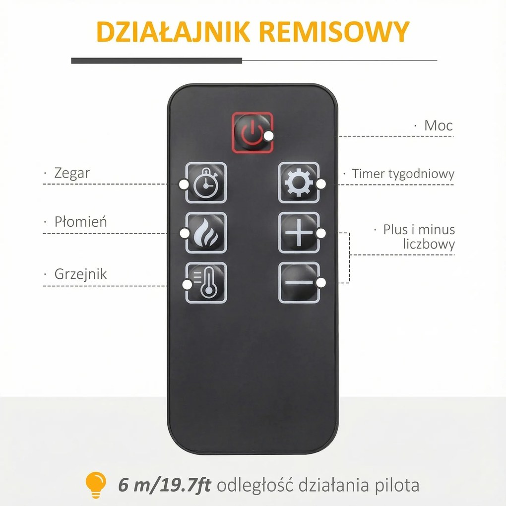 HOMCOM Elektryczny kominek z efektem płomienia 3D LED, zdolność grzewcza 30 m², pilot, Biały/Czarny