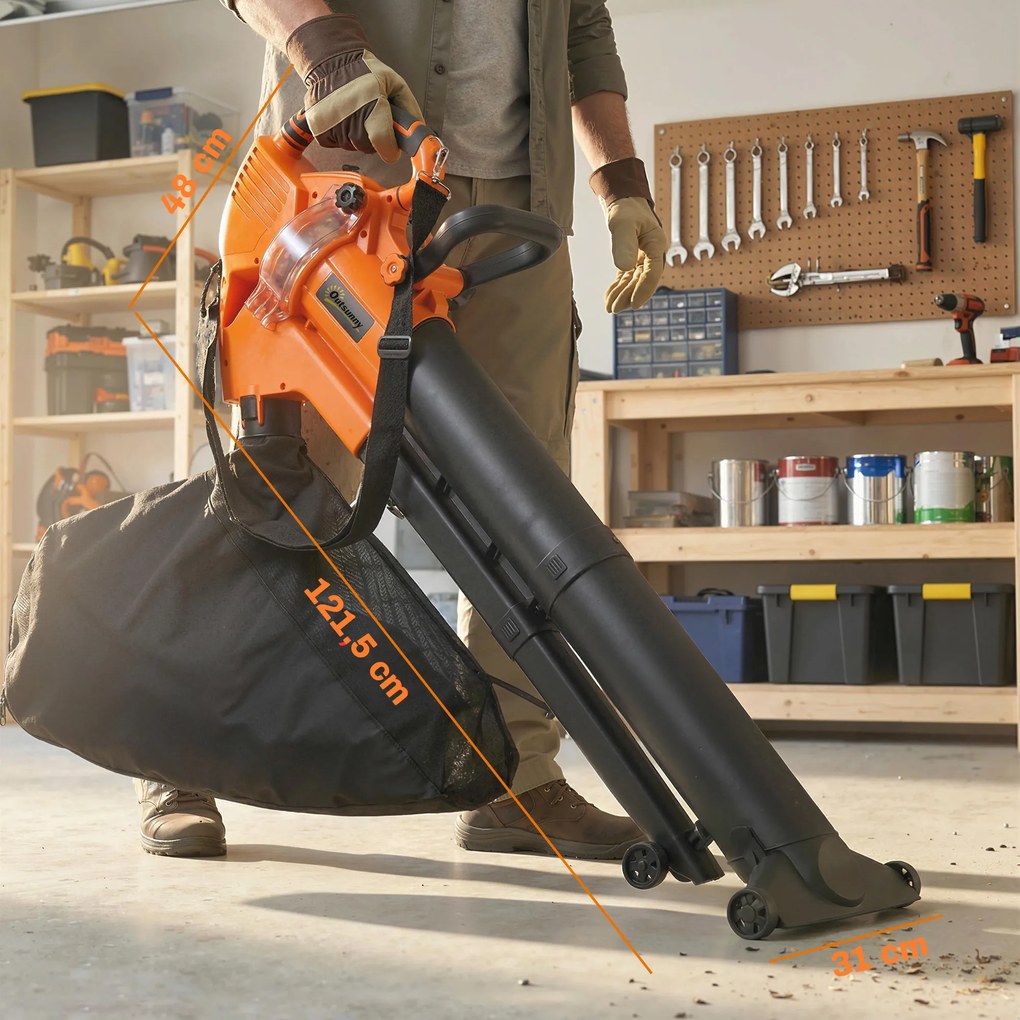 Outsunny Elektryczna dmuchawa i odkurzacz do liści 3000W 3 w 1 z workiem 40L, 4 kołami, regulowanym paskiem na ramię, pomarańczowy | Aosom PL