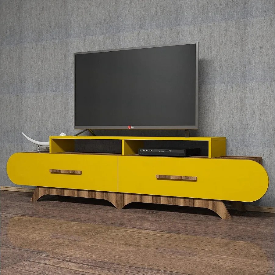 Stojak pod TV – 205 x 50 x 36,8 cm – żółty i orzechowy – płyta wiórowa