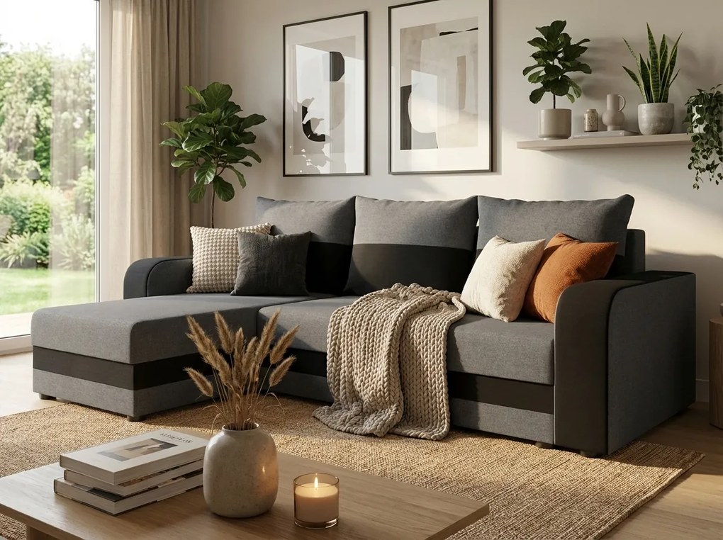 Rozkładana narożna sofa VALERIO 238x140 cm, ciemnoszara/antracytowa, uniwersalna + 2 poduszki GRATIS