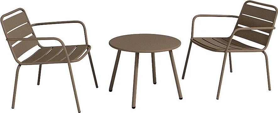 Zestaw mebli ogrodowych z metalu - 2 niskie sztaplowane fotele i okrągły stolik dostawiany - Taupe - MIRMANDE marki MYLIA