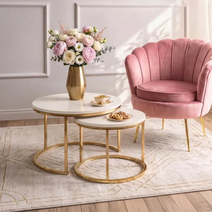 Zestaw Stolików Kawowych APULIA MAX 60 cm/80 cm Kaszmir/Złoty Glamour