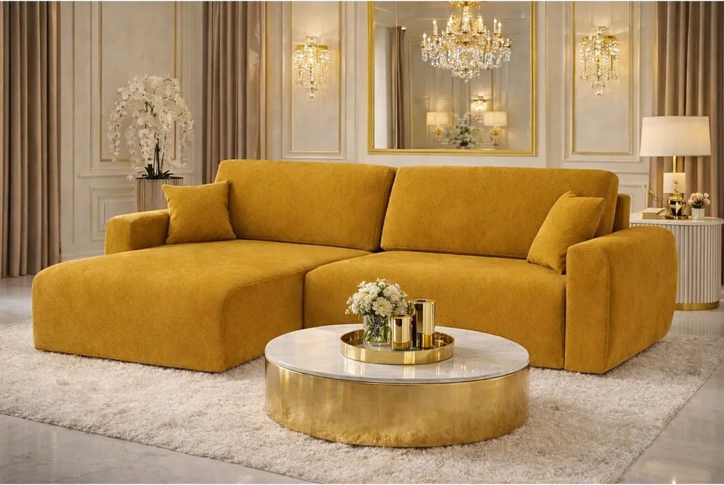 Narożnik z funkcją spania i pojemnikiem Ariel L, tkanina welurowa Salvador, Żółty, Lewy