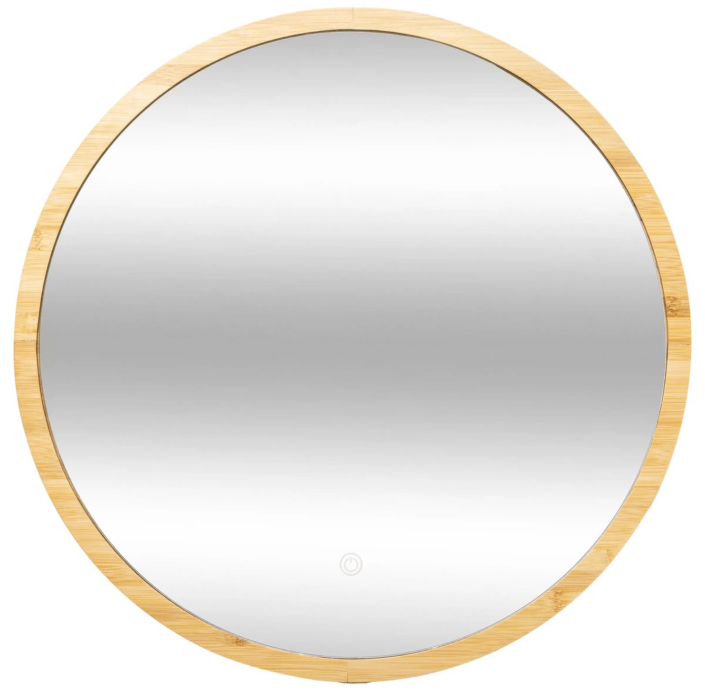 Lustro łazienkowe z oświetleniem LED, bambusowa rama, Ø 57 cm