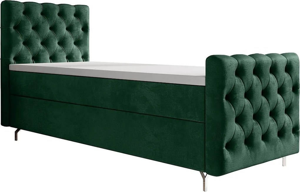 BEDANTE łóżko kontynentalne CHESTER PLUS 90x200 ciemnozielony z materacem H3 i topperem łóżko z pojemnikiem, pojedyncze, hotelowe, do sypialni, ze schowkiem