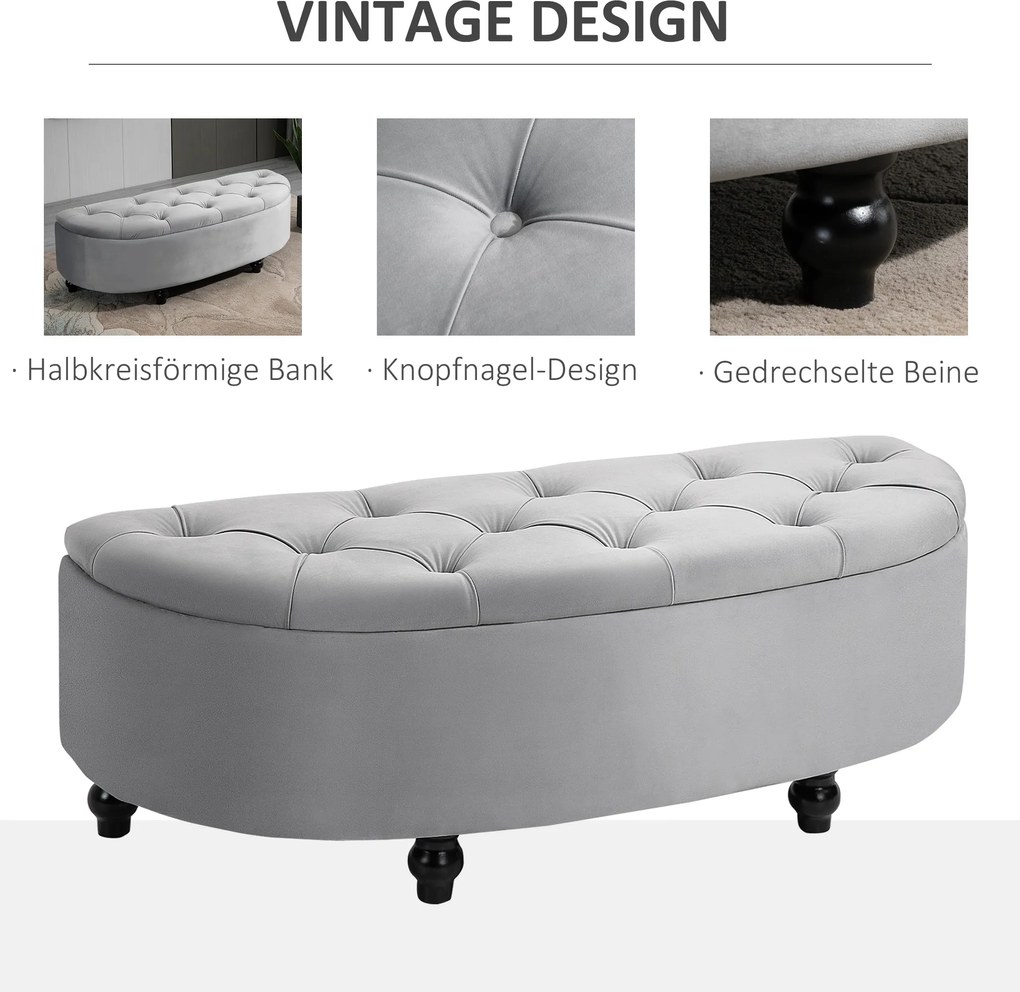 HOMCOM Ławka ze Schowkiem - Aksamitna Szara Skrzynia, Drewno Kauczukowe - Praktyczne Miejsce do Przechowywania