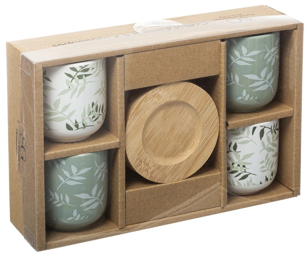 Ceramiczne kubki z bambusowymi podkładkami, 4 szt., 130 ml