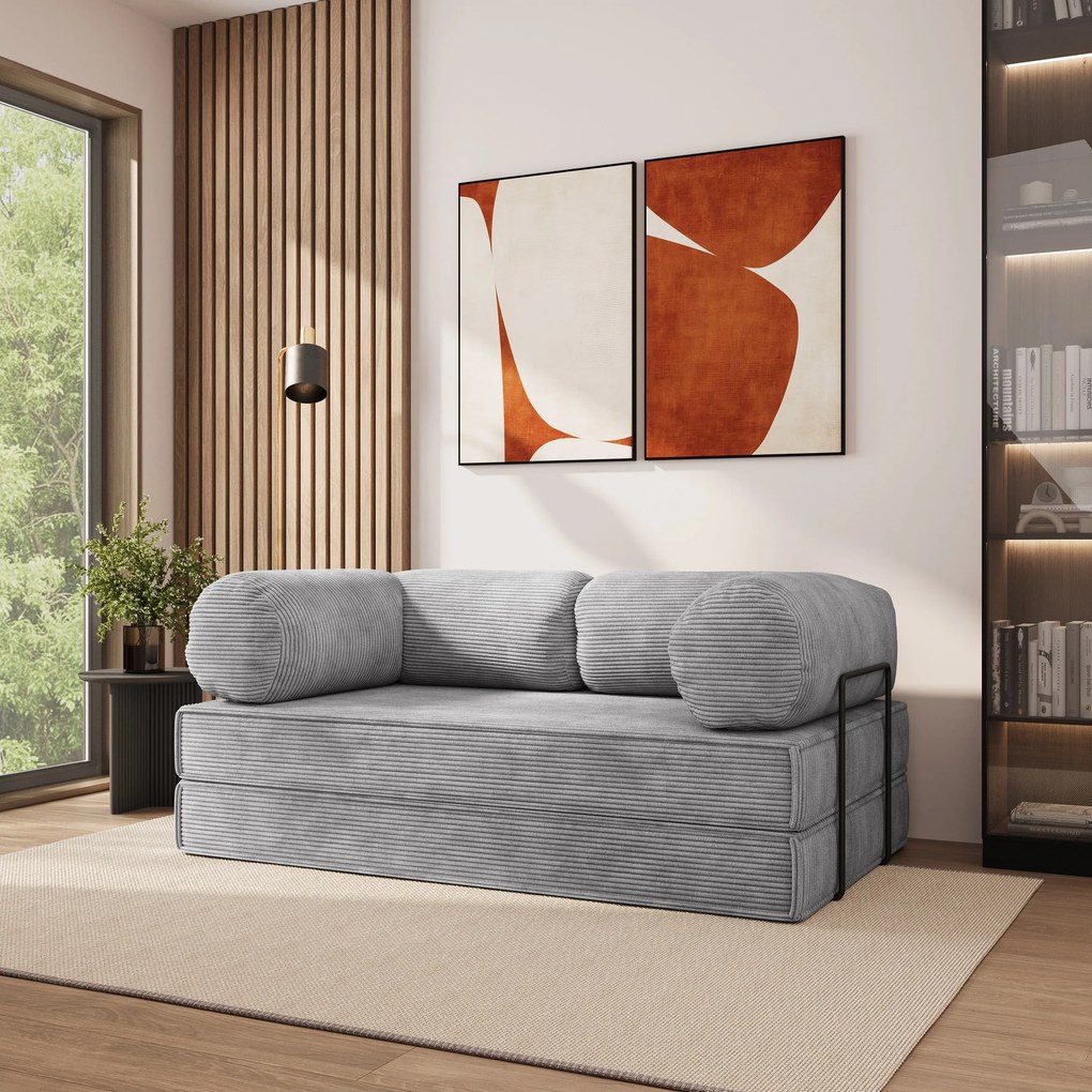 Masseno Sofa piankowa ALVIO z funkcją spania, Kanapa z pianki do salonu, Bezmontażowa, Tkanina sztruksowa – Jasnoszary POSO 55