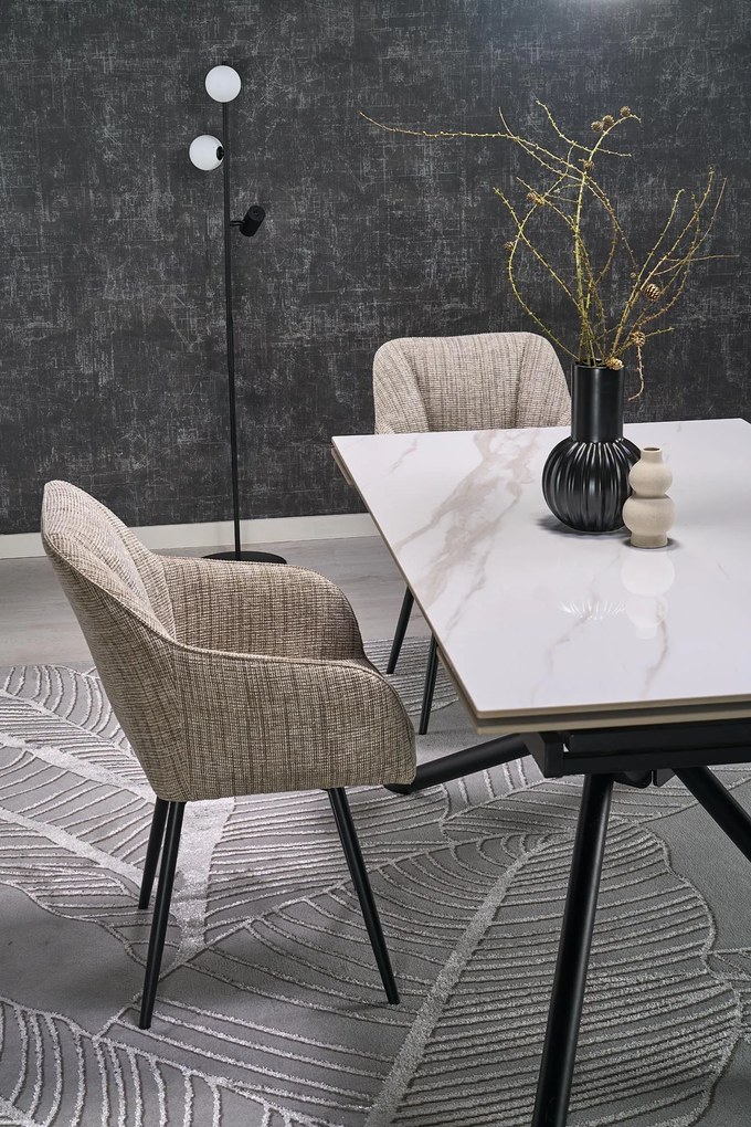 Stół do Jadalni rozkładany spiek biały marmur czarne nogi 160-220/90/75 VITORINO