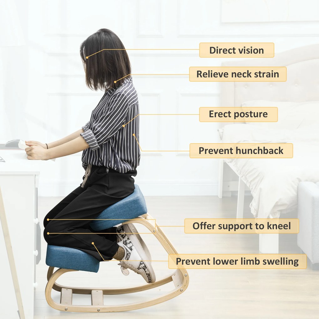 Vinsetto Krzesło klęcznik, ergonomiczny taboret do siedzenia, tapicerowany stołek dla zdrowej postawy, drewno brzozowe, wytrzymałość do 120 kg, niebieski | Aosom PL