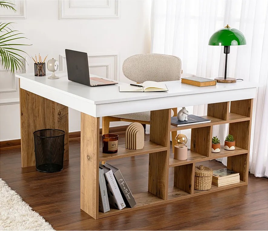 Narożnik biurkowy z białą dekoracją i sosną atlantycką L130 cm - VESPER