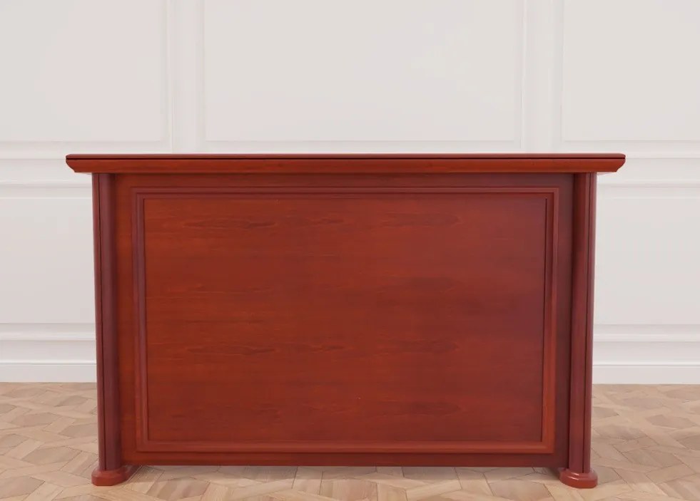 Elegancka lada recepcyjna Simposio fornirowana do recepcji, wymiary lady 180x50x110 cm. Lada recepcyjna w kolorze koniaku, ma klasyczne wykończenie. Sprawdzi się w stylowym biurze, recepcji lub hallu.