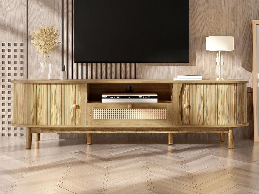 Meble TV z rattanu 165x37x46 cm - 2 drzwi i 1 szuflada z rattanu - Styl rustykalny - MDF - Kolor naturalny