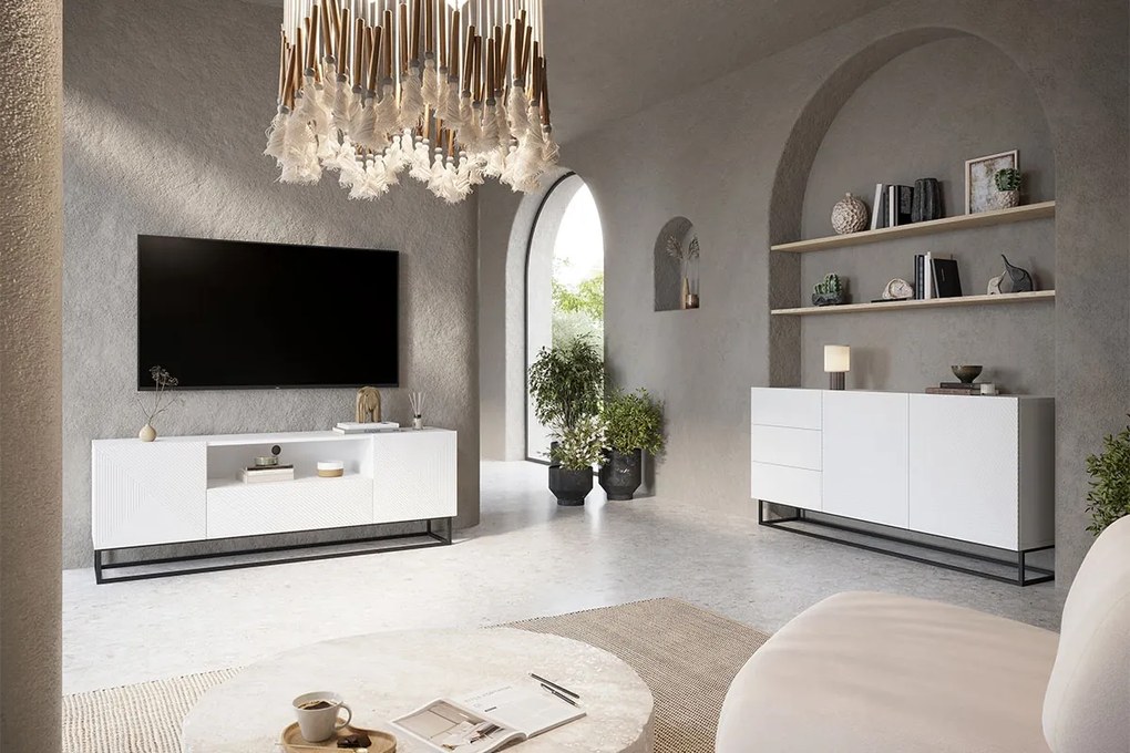 Komoda Asha 167 cm dwudrzwiowa z szufladami - biały mat / czarny stelaż