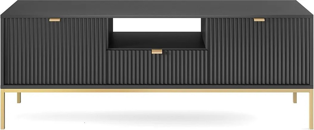 Szafka RTV: 1 szuflada, 2 drzwi, czarny, złoty, 154 x 56 x 39 cm, złote uchwyty