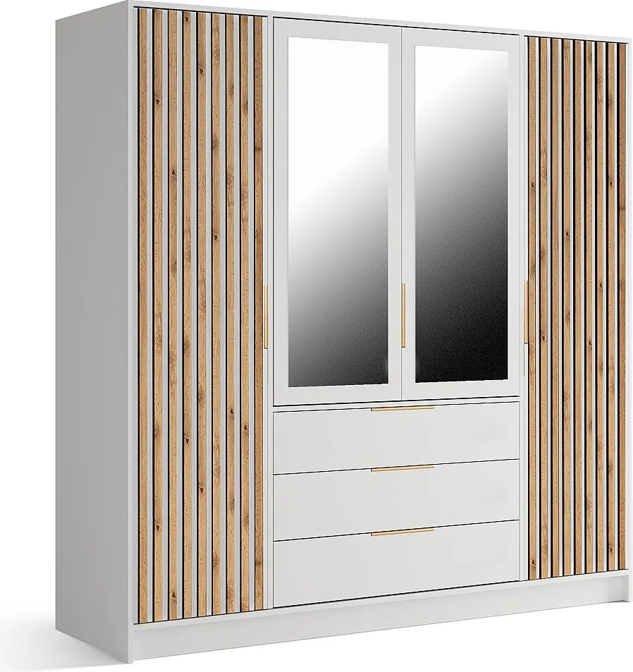 Szafa 4-drzwiowa z 3 szufladami – Z lustrem - Sz196 cm – Kolor: Naturalny i Biały - LIRMADA