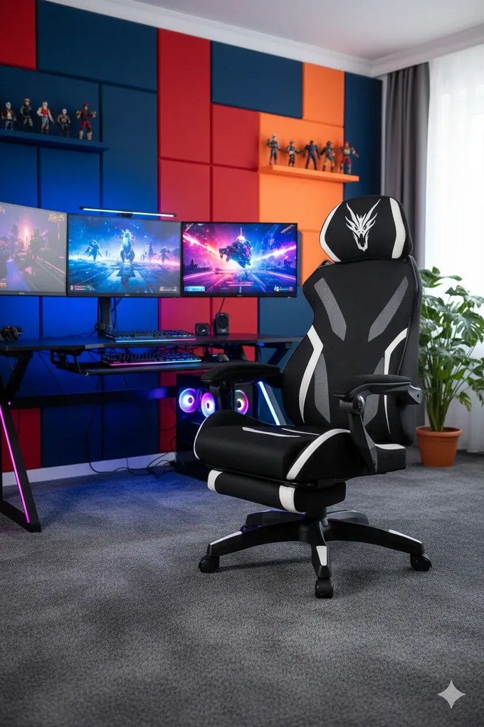 Czarno-biały fotel z podnóżkiem dla gracza A5-M03