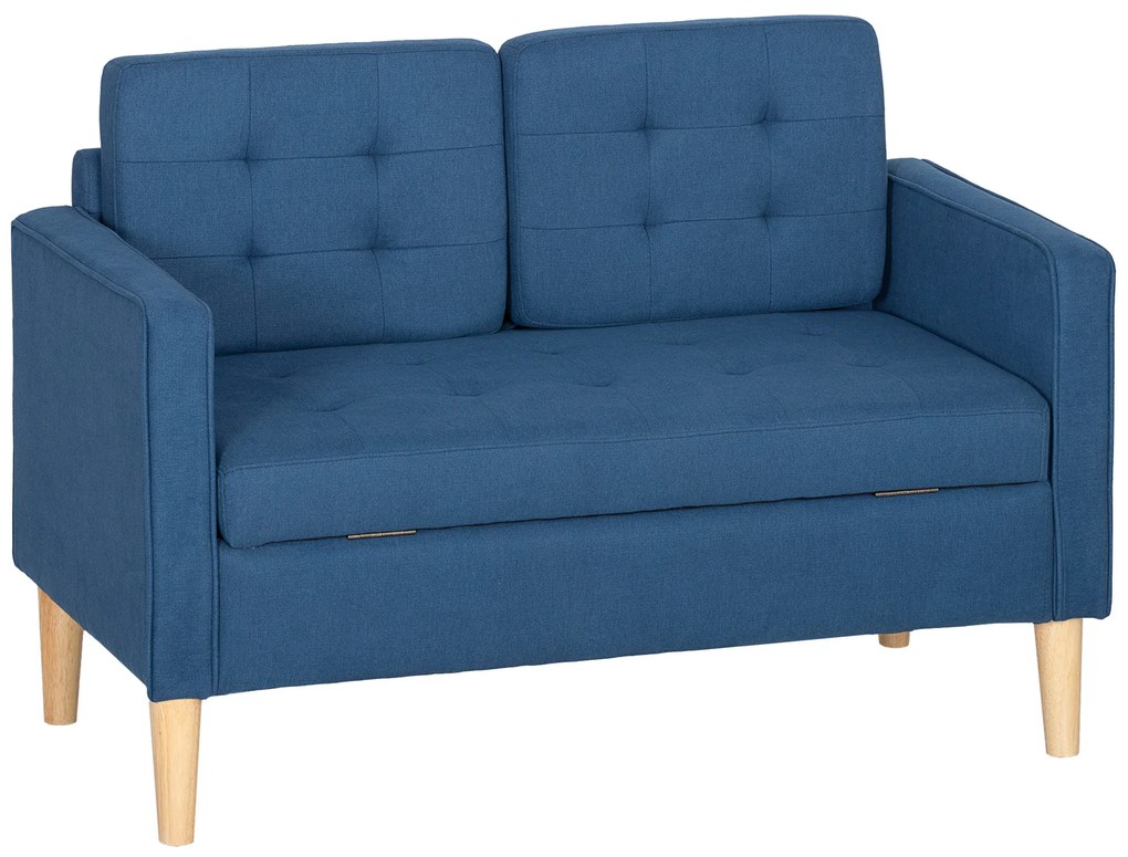 HOMCOM Sofa dwuosobowa z schowkiem, pikowane oparcie, nogi z drewna kauczukowego — 117x62x78 cm, niebieska