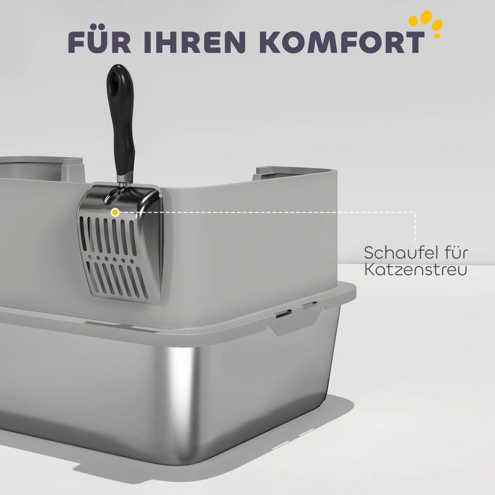 PawHut Kuweta ze stali nierdzewnej – otwarta kuweta z łopatką, wysokim brzegiem i matą dla kotów do 7 kg, 60,2 x 40,2 x 29,5 cm, Szary | Aosom PL