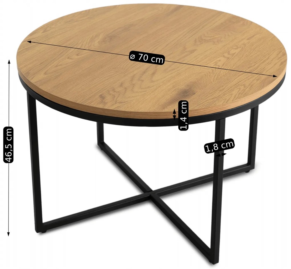 Stolik Kawowy HANTEL 70 cm Dąb Złoty/Czarny Loft